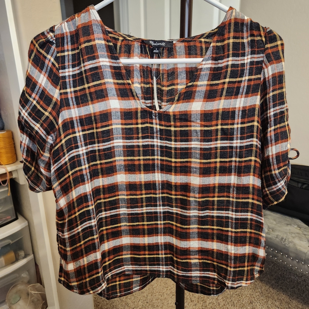 NWT Madewell Plaid V-Neck Blouse in Black, Orange, and White